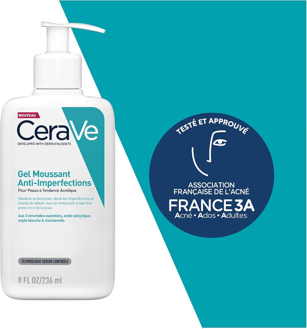 CeraVe - Gel Moussant Anti-Imperfections - Purifie la Peau en douceur et Réduit les Imperfections - Acide Salicylique, Argile Blanche, Céramides et Niacinamide - Peau à Tendance Acnéique