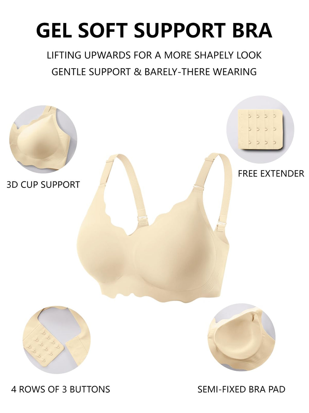 COCOMARTS Jelly Bras for Women No Underwire Scalloped Wireless Push Up Bra