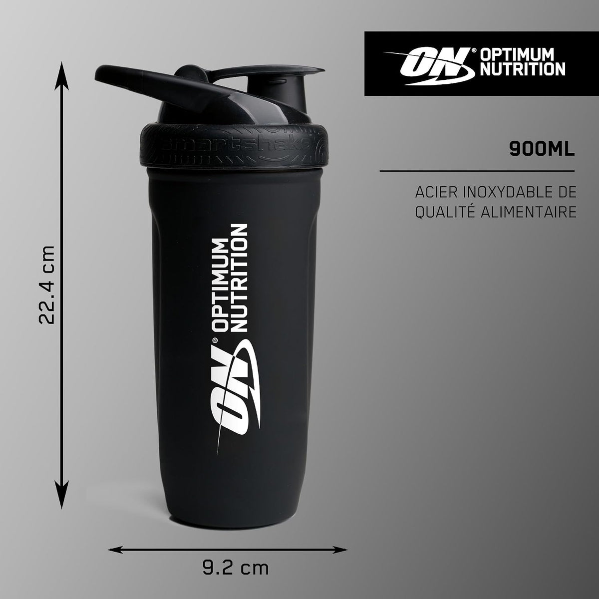 ON Shaker à Protéines en Acier Inoxydable de Qualité Alimentaire Durable, Bouteille sans BPA avec Bouchon à Rabat Antifuite, Shaker Intelligent Facile à Transporter pour Shakes Protéinés, 900 ml