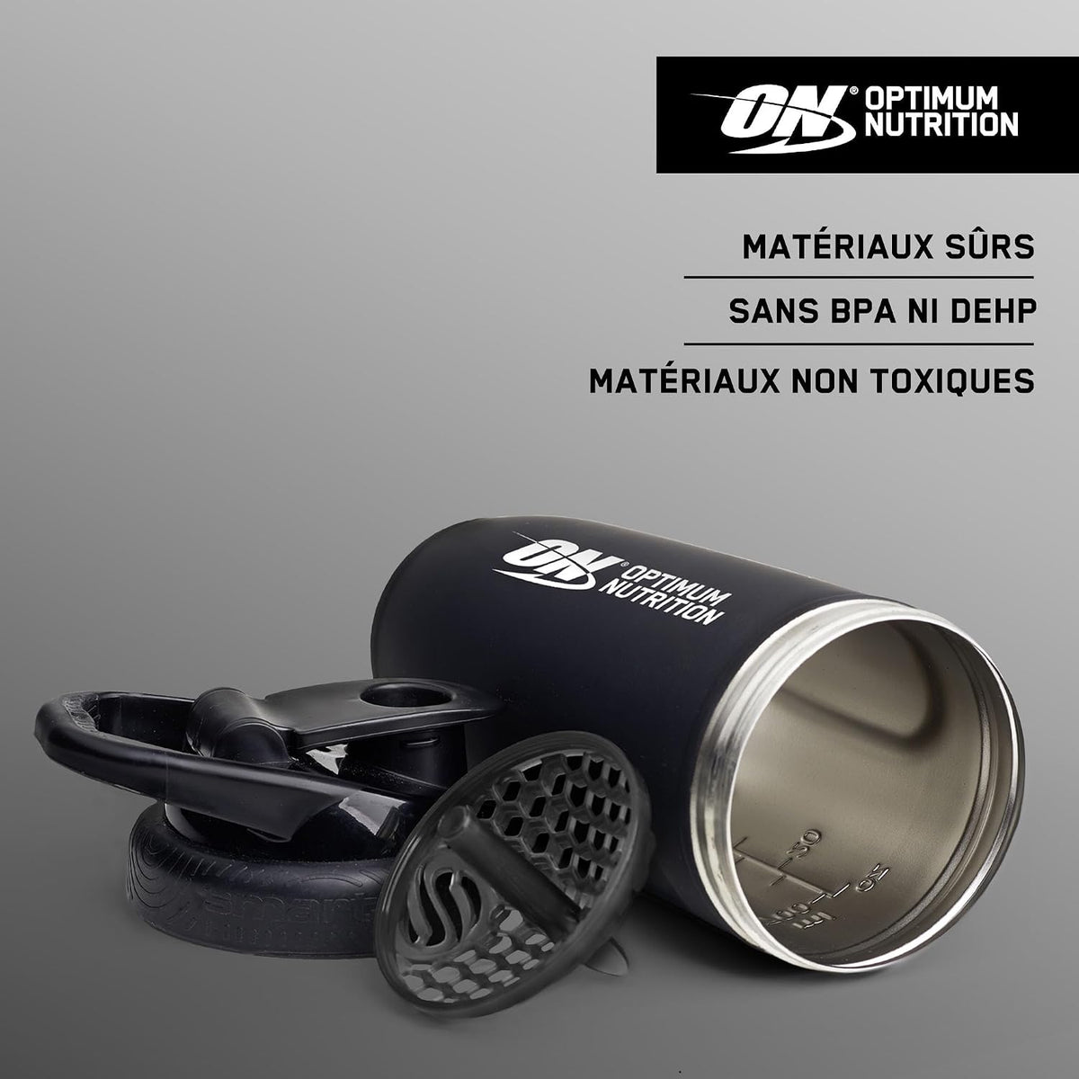ON Shaker à Protéines en Acier Inoxydable de Qualité Alimentaire Durable, Bouteille sans BPA avec Bouchon à Rabat Antifuite, Shaker Intelligent Facile à Transporter pour Shakes Protéinés, 900 ml