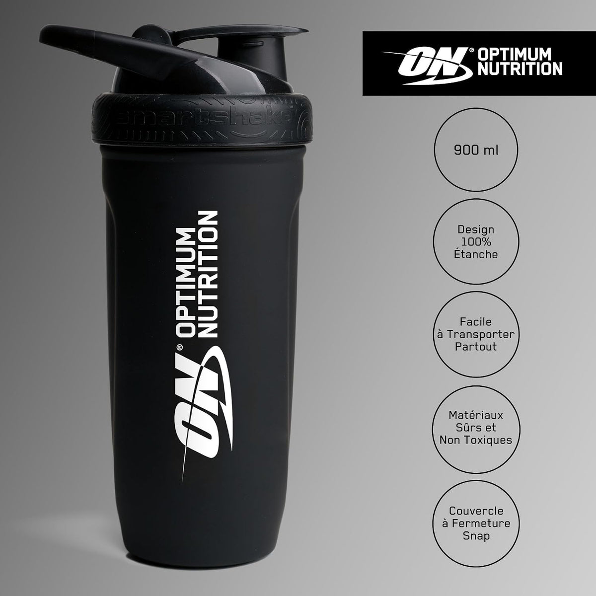 ON Shaker à Protéines en Acier Inoxydable de Qualité Alimentaire Durable, Bouteille sans BPA avec Bouchon à Rabat Antifuite, Shaker Intelligent Facile à Transporter pour Shakes Protéinés, 900 ml