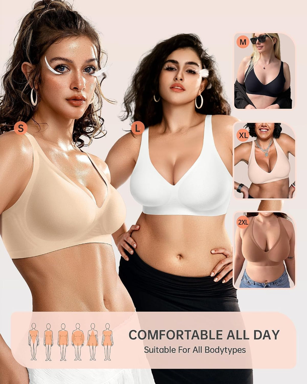 OEAK Womens Jelly Bras Wireless Deep V Comfy Push Up Tshirt Bras BGE L