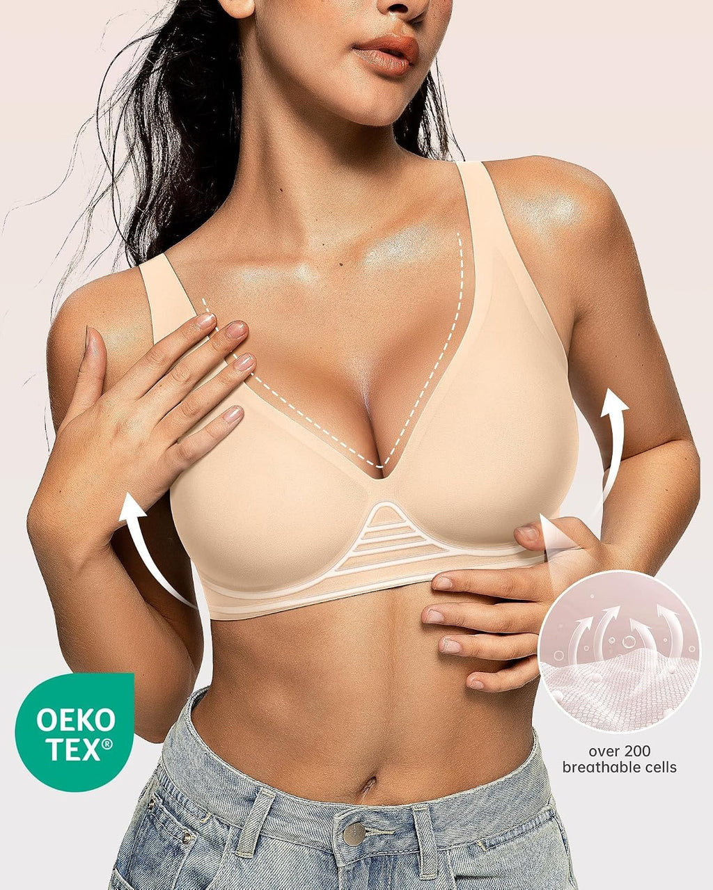 OEAK Womens Jelly Bras Wireless Deep V Comfy Push Up Tshirt Bras BGE L