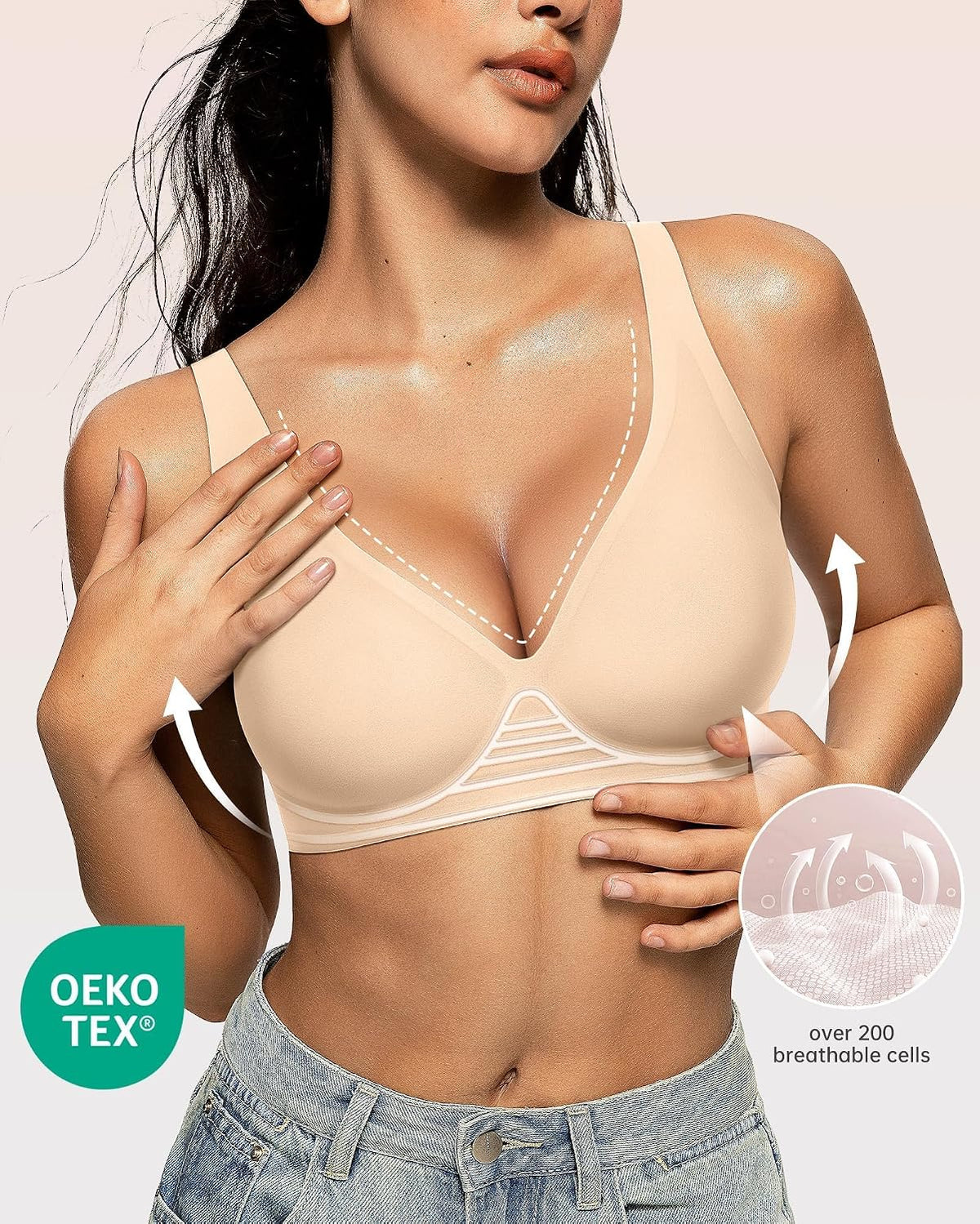 OEAK Womens Jelly Bras Wireless Deep V Comfy Push Up Tshirt Bras BGE L