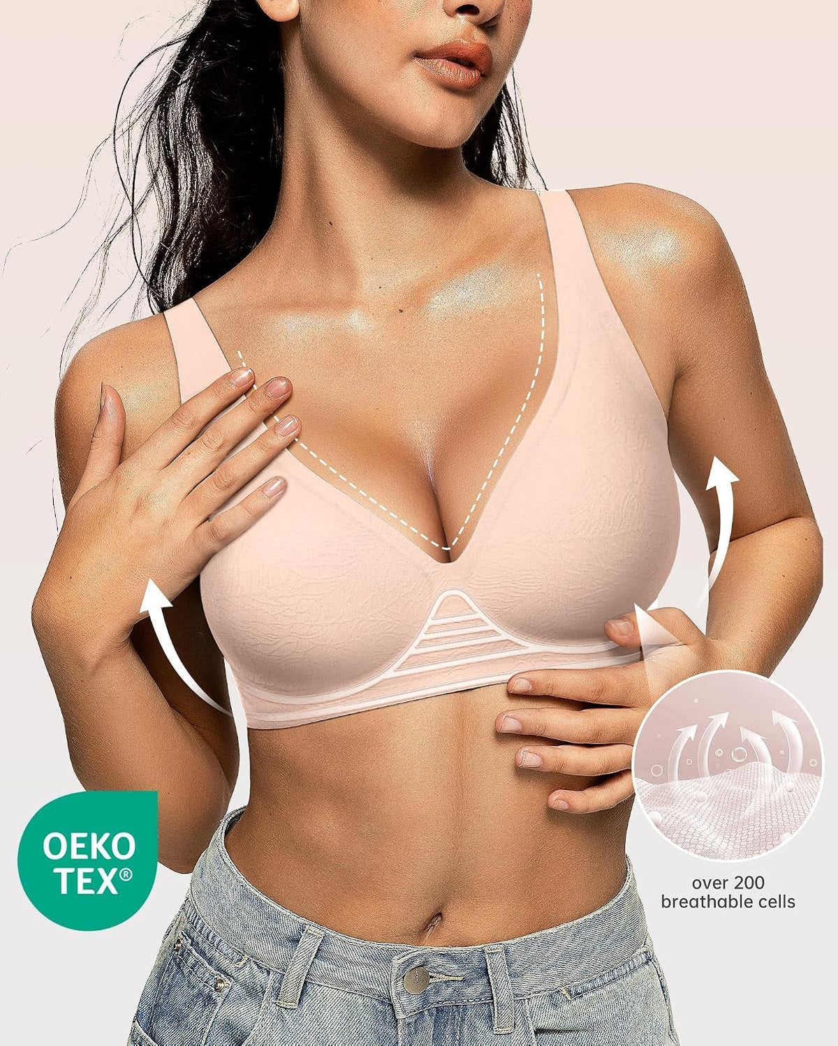 OEAK Womens Jelly Bras Wireless Deep V Comfy Push Up Tshirt Bras JAC 2XL
